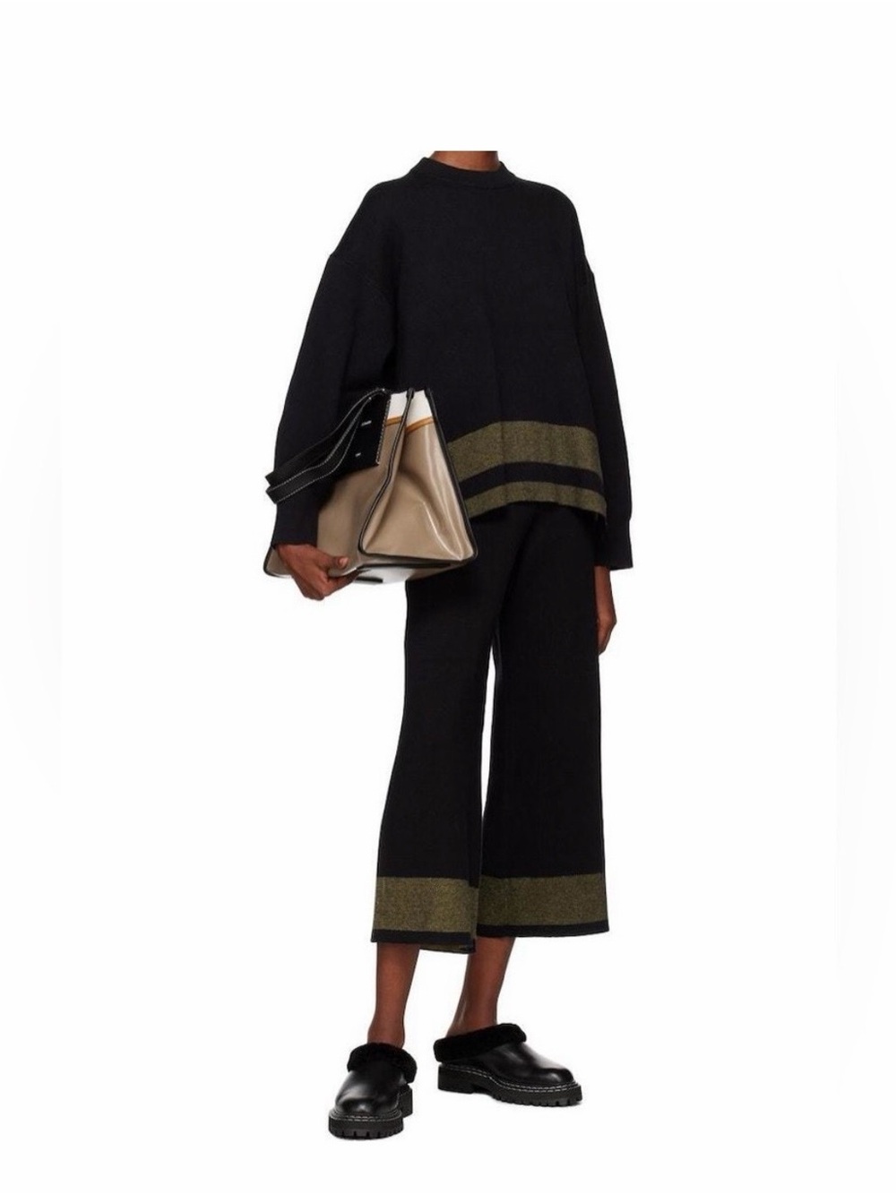 Proenza Schouler Black Wide-Leg Knit Pants with Gold Hem Stripe